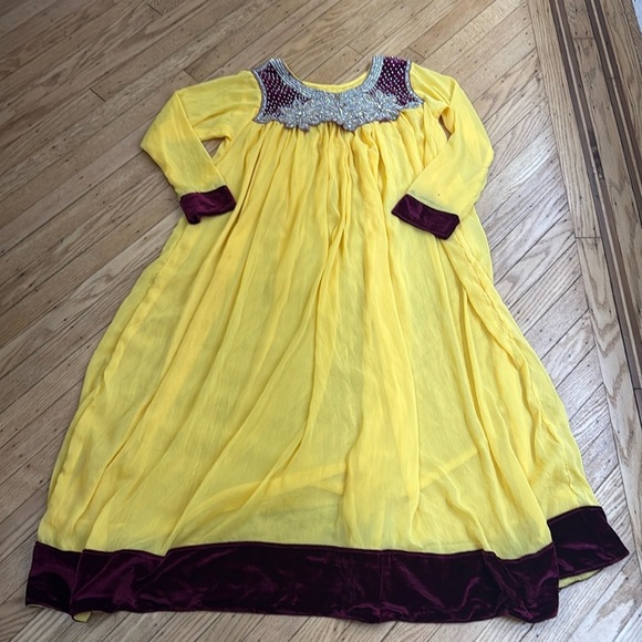 Yellow Chiffon Indian Anarkali Dress Red Velvet Trim Beaded M - Picture 1 of 12
